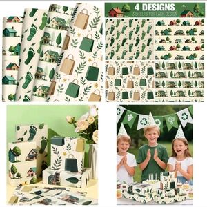 🍎Nwt 12 Sheets Green Living Wrapping Paper Set Footprints Shopping Bags House